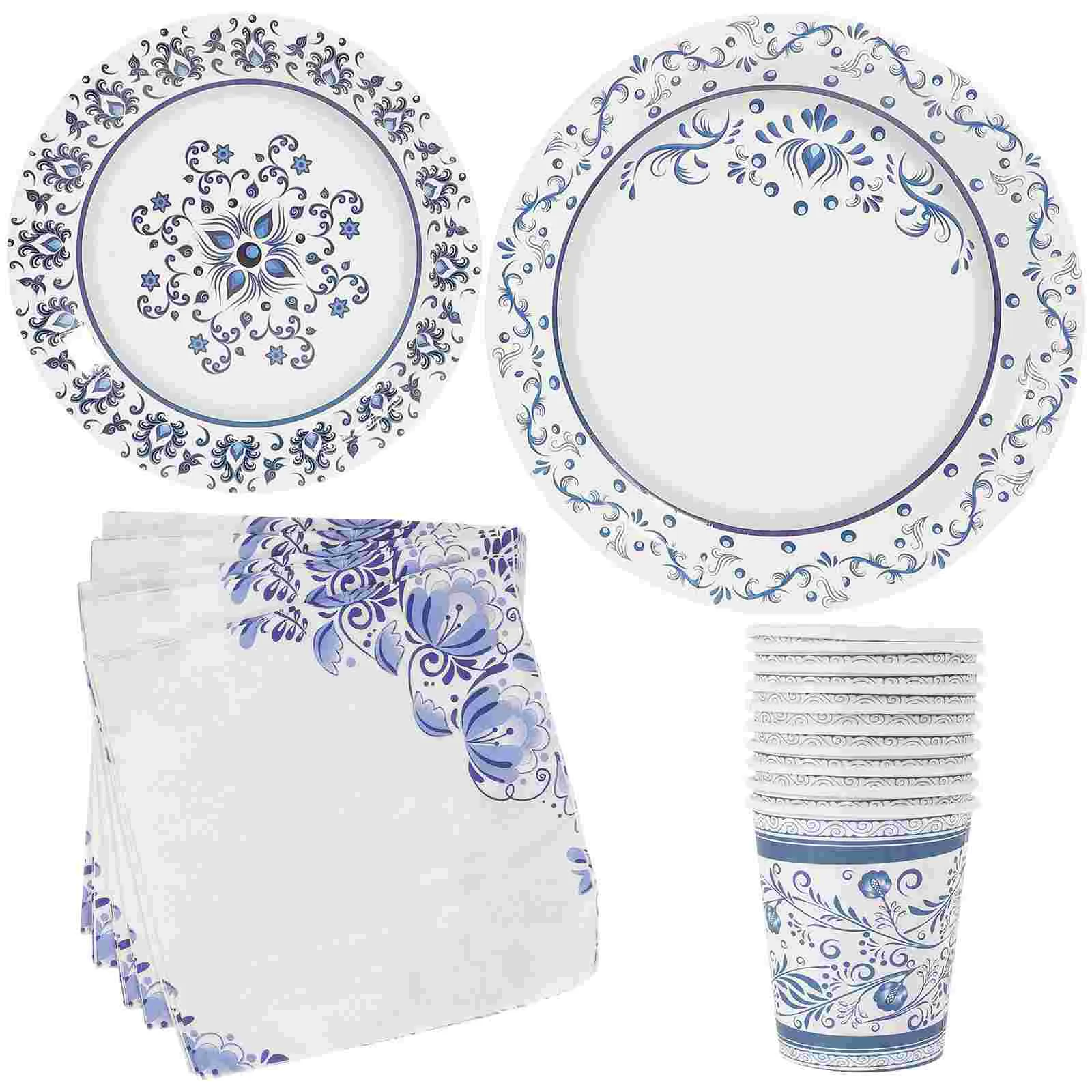 

Blue and White Porcelain Theme Party Paper Plates Tissue Birthday Tableware Christmas Napkins Cups Dish Disposable Disk Bulk