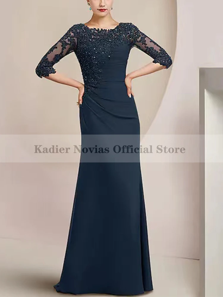 

Kadier Novias Long Mermaid Navy Blue Chiffon Mother of the Bride Dresses 2023 with Half Sleeves Wedding Guest Party Dress
