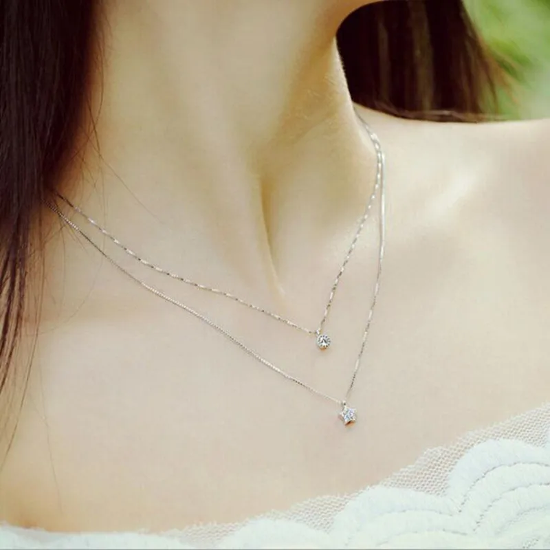 Handmade 925 Sterling Silver Creative Stars Round Cubic Zirconia Multilayer Pendant Necklaces For Women Girl JY069