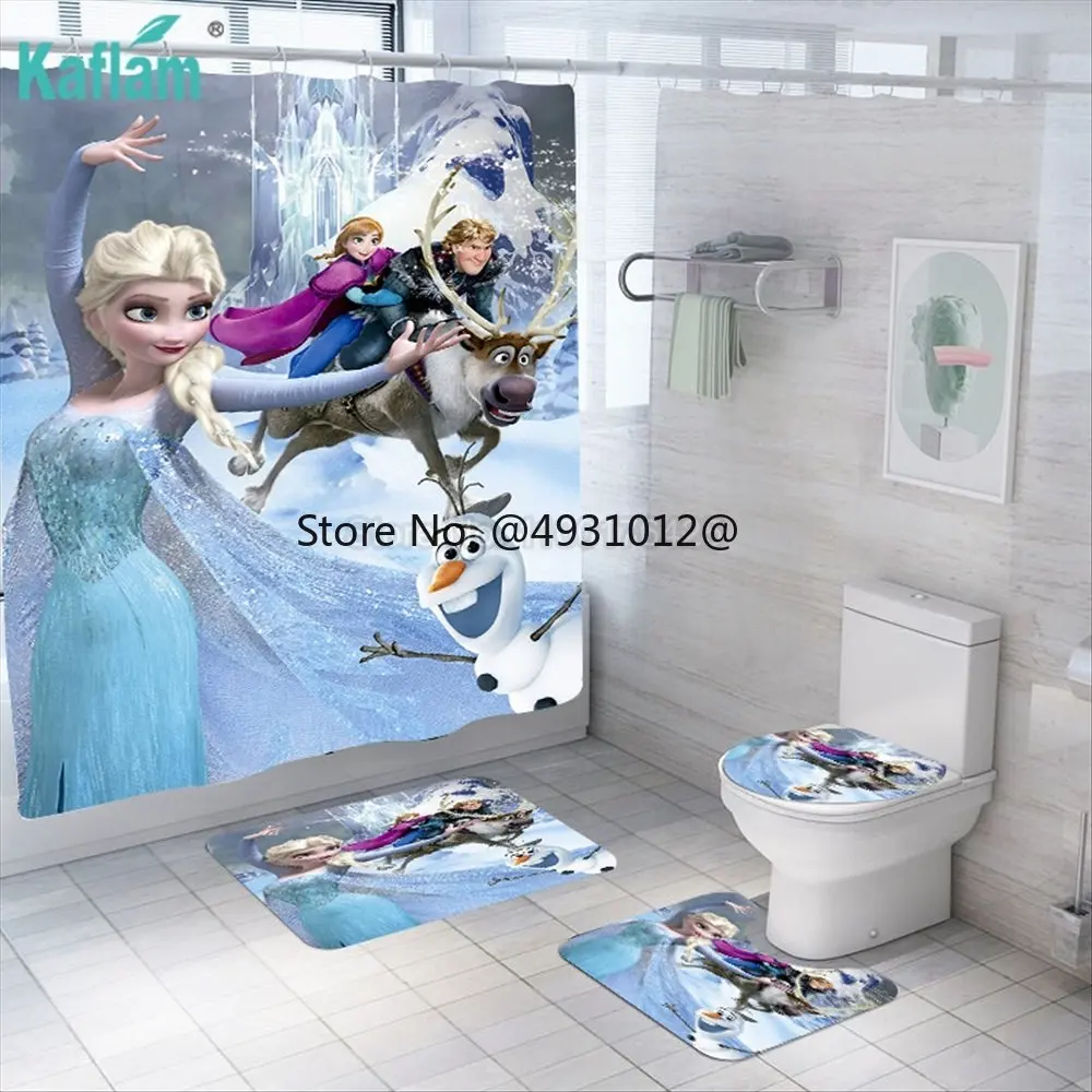 

2023 Disney Frozen Elsa Anna Olaf Princess Shower Curtain Set Toilet Cover Rug Non-slip Kitchen Bath Mat Wooden Board Bathroom