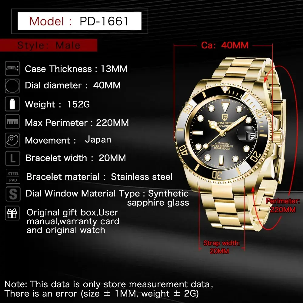 Mechanical Watch PAGANI Design Stainless Steel 100m Waterproof Watch Relogio Masculino Men Luxury Automatic Wrist