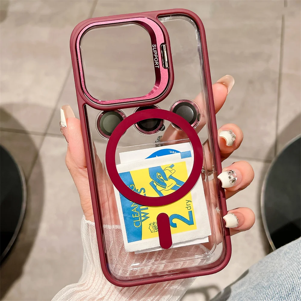 Premium Magnetic Stand Glass Lens Protection Phone Case with Magsafe Compatibility and Shockproof Design