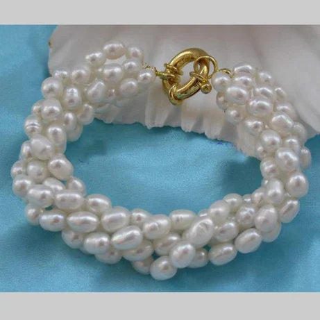 

Favorite Pearl Jewelry,Stunning 5Rows 7mm Rice White Freshwater Pearl Bracelet,Charming Women Gift