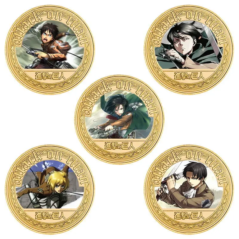 Anime Attack On Titan Gold Monete Commemorative Cartoon Figure Lucky Coins Kawaii Decor Crafts Collection Coin Regalo Di Compleanno Per Bambini