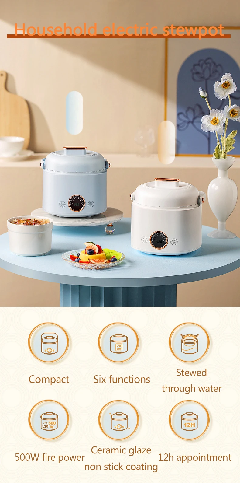 Description Picture 2 of itemDMWD Household Electric Stew Pot 1L Rice Cooker Porridge Soup Cooking Machine Breakfast Maker Hot Pot 12H Appointment 220V