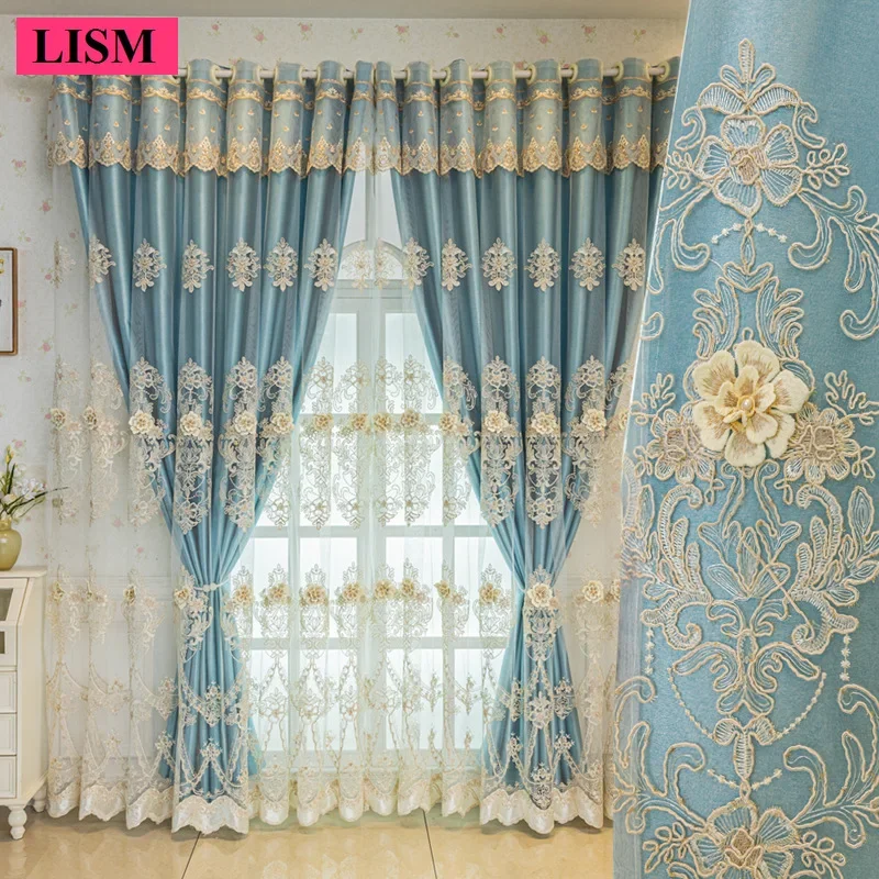 

European Double-layer Gauze Integrated Curtains for Living Room Bedroom Luxury Embroidered Window Screen Blackout Decor Custom
