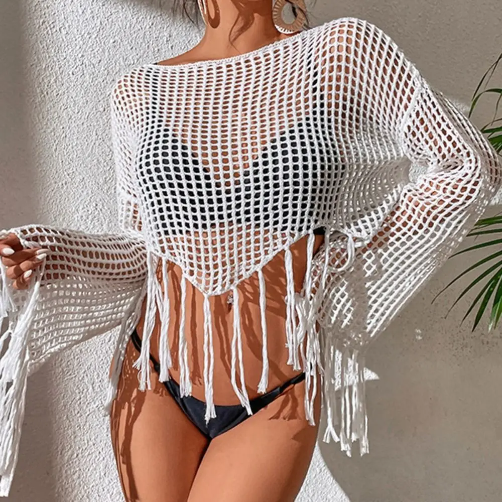 

Flared Round-Neck Crochet Kintted Pullover Tops Women Beachwear Hollow Out Swimsuit Bikini Cover-Up See Through Smock