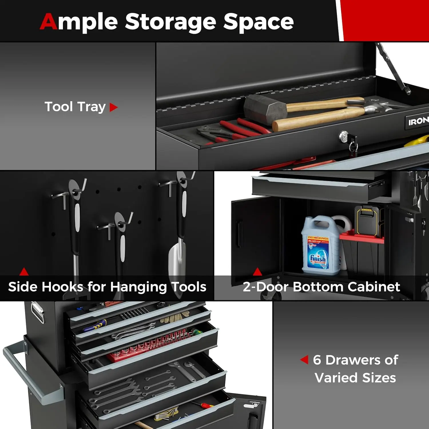 Tool Chest 6 Drawers Extra Large Rolling Too Storage Cabinet with 4” Universal Lockable Wheels Auto Lock Protective Liner 5