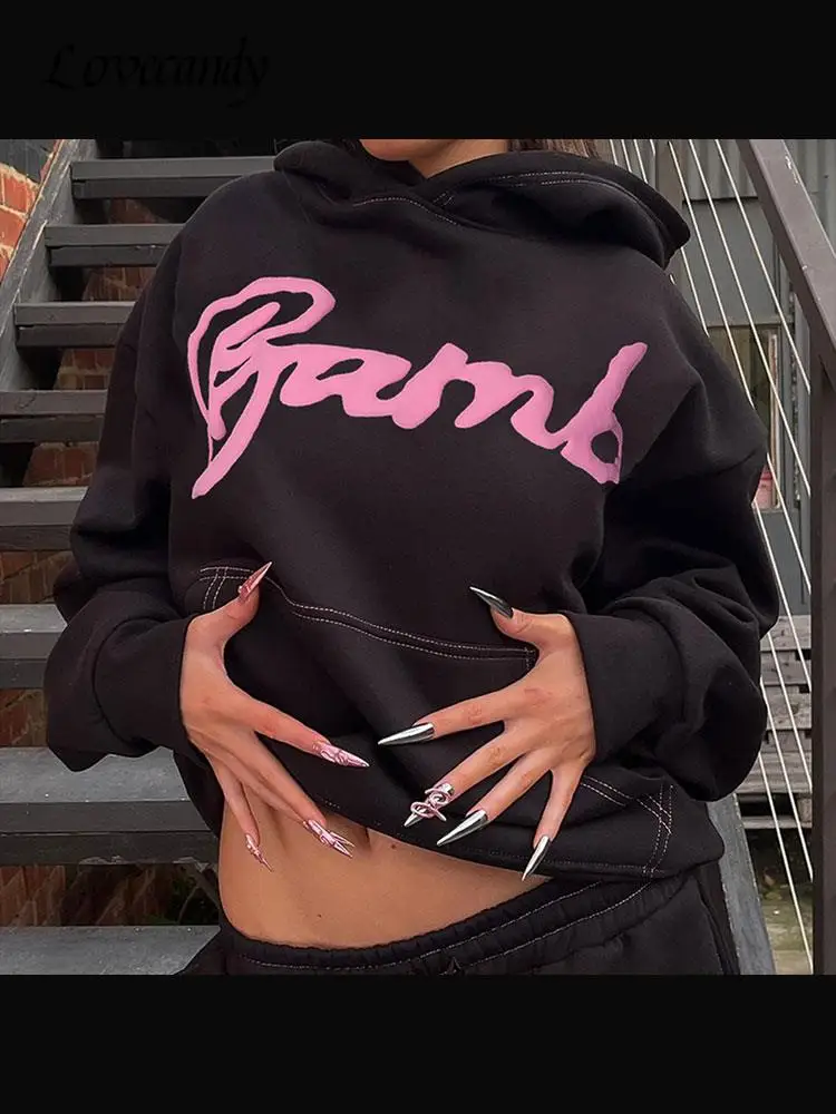 

Women Letter Printed Hooded Sweatshirt Long Sleeve Pockets Quilted Spliced Pullovers Fashion High Street Outerwear 2023 Autumn