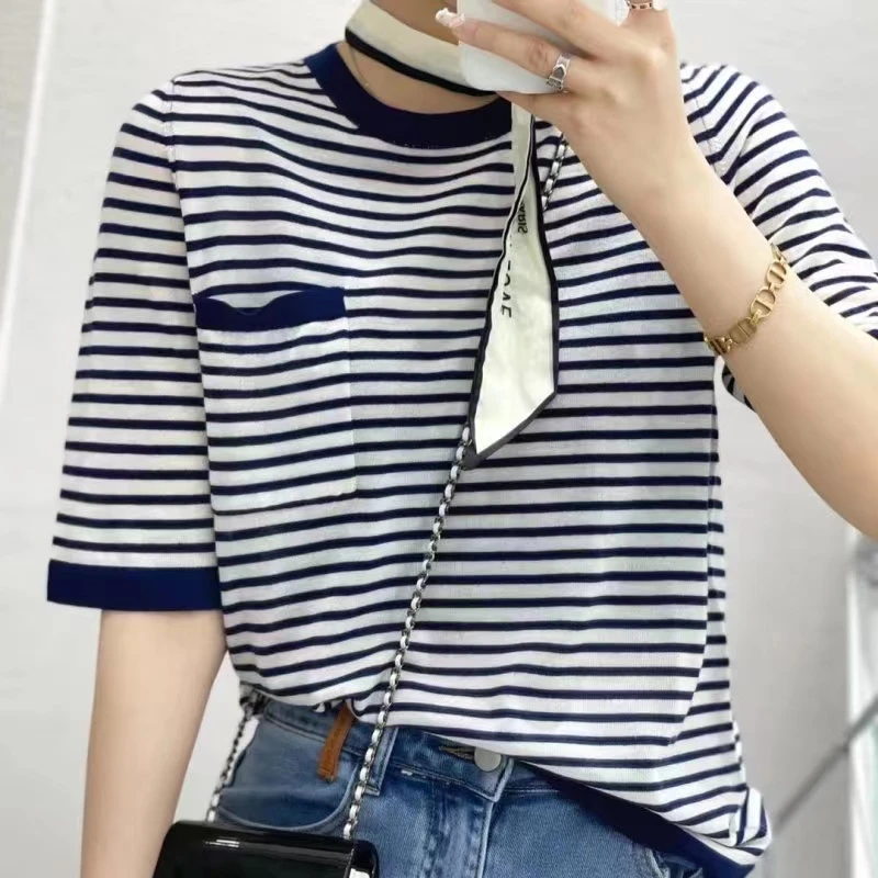여성용 반팔 셔츠, 포켓 스트라이프 아이스 실크 셔츠, 라운드 칼라, 면 실 티셔츠, 슬리밍 루즈 반팔, 신상