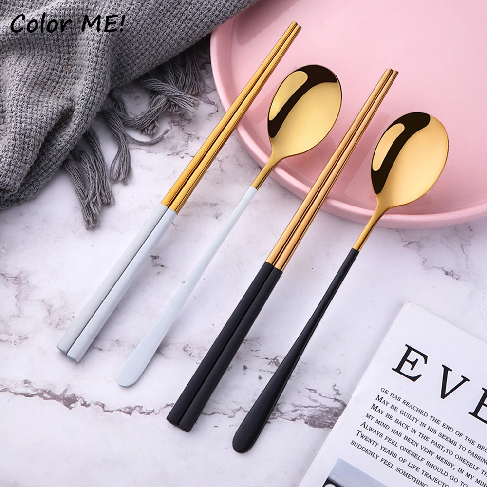 Stainless Steel Cutlery Set Picnic Cutlery Set Western Style Cutlery Set Camping Cutlery Set 2Pcs 18/8 Stainless Steel Cutlery Set Sushi Sticks Coffee Tea Spoons Set Dinnerware Korean Chopsticks Dessert Spoon Flatware