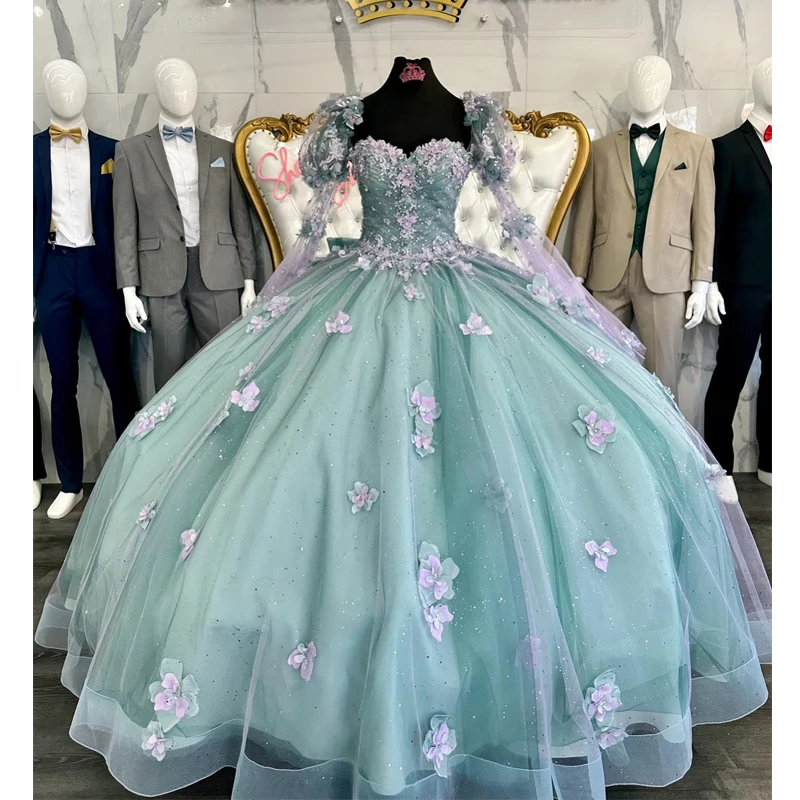 

Женское платье принцессы, зеленое платье Quinceanera, 3D цветы, бусины, аппликация, длинные рукава, шнуровка, корсет, милое 15 платье, одежда для вечеринки Xv