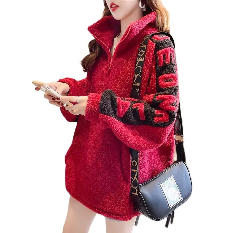 

2023 Casual Autumn Winter New Product Women Coat Zipper Sweatshirt Polar Fleece Embroidered Harajuku Letters Pullover Female
