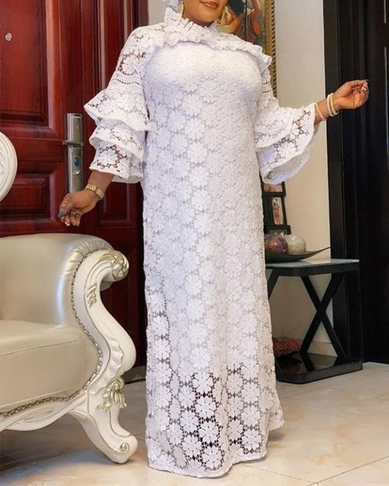 

Women Lace White Dress Temperament Commuter High Waist Sweet Midi Dresses 2023 New Fashion Casual Hollow Out Elegant Dresses