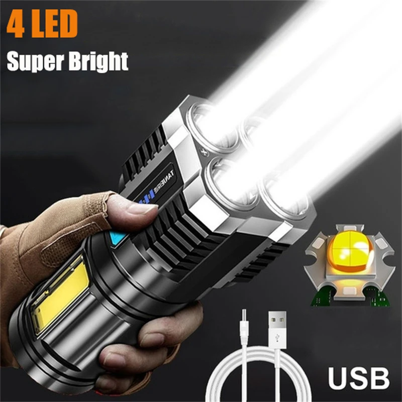 4-core Strong Bright Flashlight Rechargeable Outdoor Multi-function P1000 Led Long-range Spotlight Battery Display COB Light | Освещение