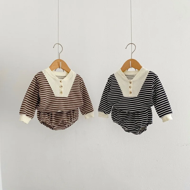 baby shirt clothing set 0-3 year old baby clothes autumn boys and girls striped long-sleeved pullover + shorts baby simple long-sleeved trousers suit Baby Clothing Set medium