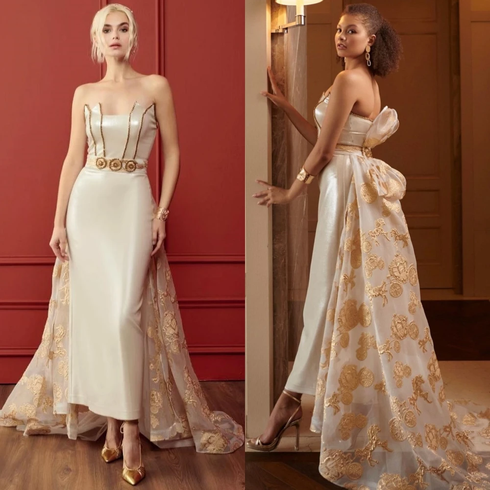 Exquisite High Quality Sparkle Satin Embroidery Prom A-line Strapless Bespoke Occasion Gown Long Dresses