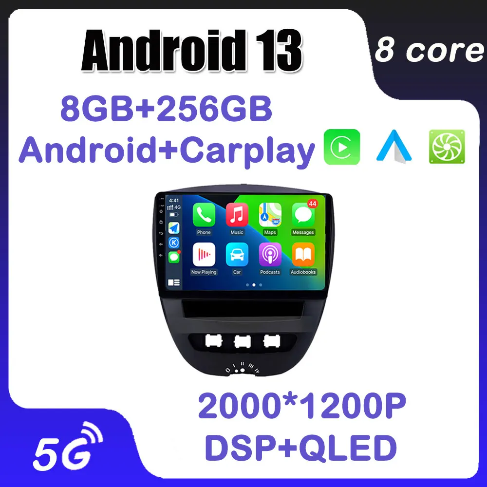 

Автомобильный радиоприемник, мультимедийный плеер для Peugeot 107, Citroen C1, Toyota Aygo 2005-2014, GPS-навигация, 9 дюймов, Android 13, стерео, DSP, IPS, QLED