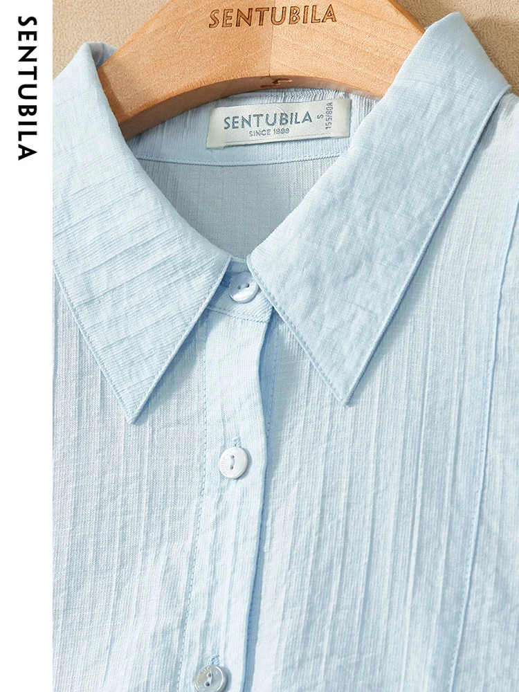 SENTUBILA Light Blue Women's Casual Shirts 2023 Loose Summer Tops Simple Three Quarter Drop Sleeve Shirts & Blouses for Women