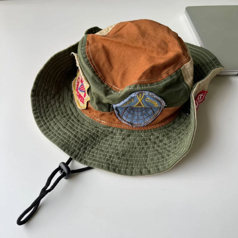 

2023 New Women's Japanese Chinese Antique Vintage Badge Bucket Hat Parent-child Fashion Brand Camping Rope Sunscreen Cowboy Hat