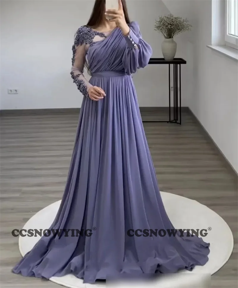 

Sexy Puffy Sleeve Long Sleeve High Neck Chiffon Muslim Evening Dresses Formal Party Hijab Women Arabic Kaftan Robe