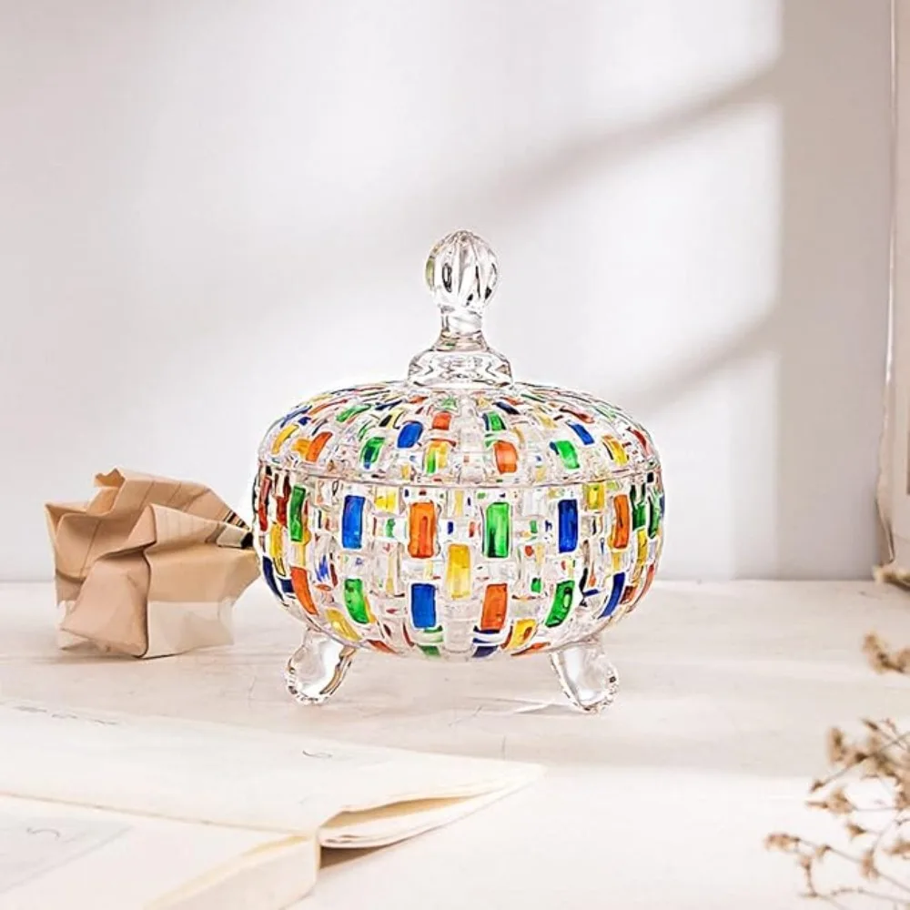 Food Storage Jar Glass European Style Candy Jar Dust-proof with Lid Halloween Candy Storage Box Colorful Fruit Bowl Party Nut