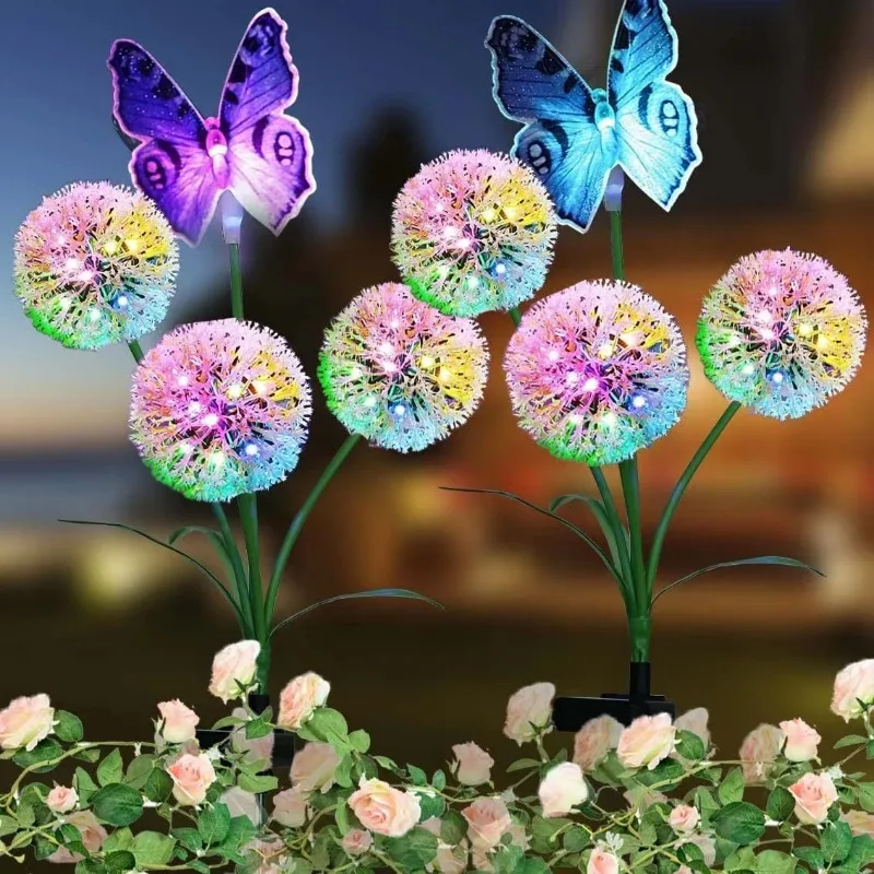 2Pcs New Solar Energy Dandelion Lantern Outdoor Waterproof Atmosphere Decor Lamps Butterfly Colored Courtyard Garden Lawn Lights