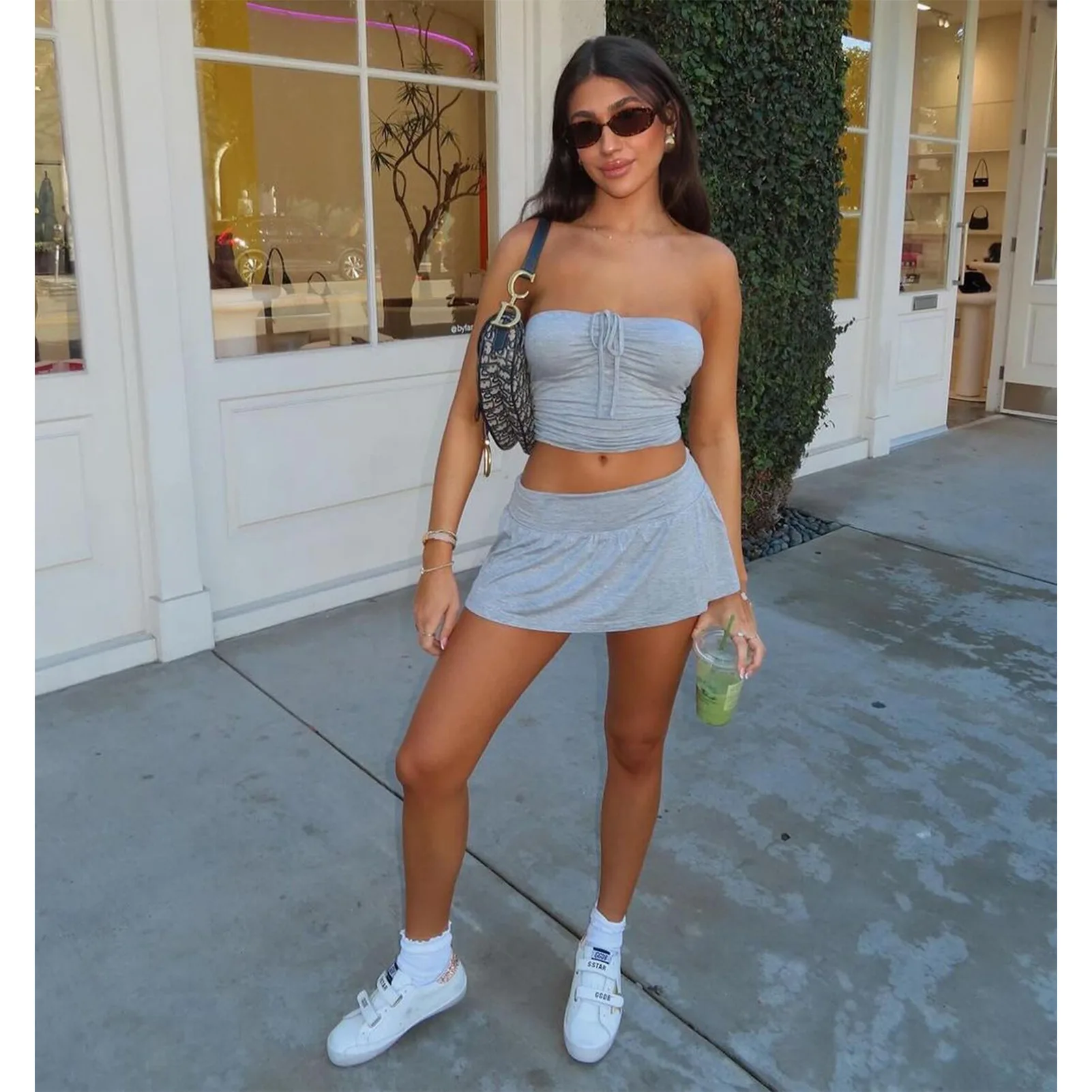 Summer Beach Outfit Cool New Product Backless and Navel Exposed Lace Up Pleated Wrap Chest Short Skirt Set for Women