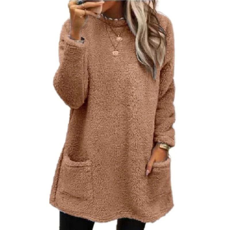 Autumn Winter O Neck Pullover Plush Hoodie Women Daily Commuter Casual Double Pockets Splice Hem Sweatshirt Female Long Warm Top 4