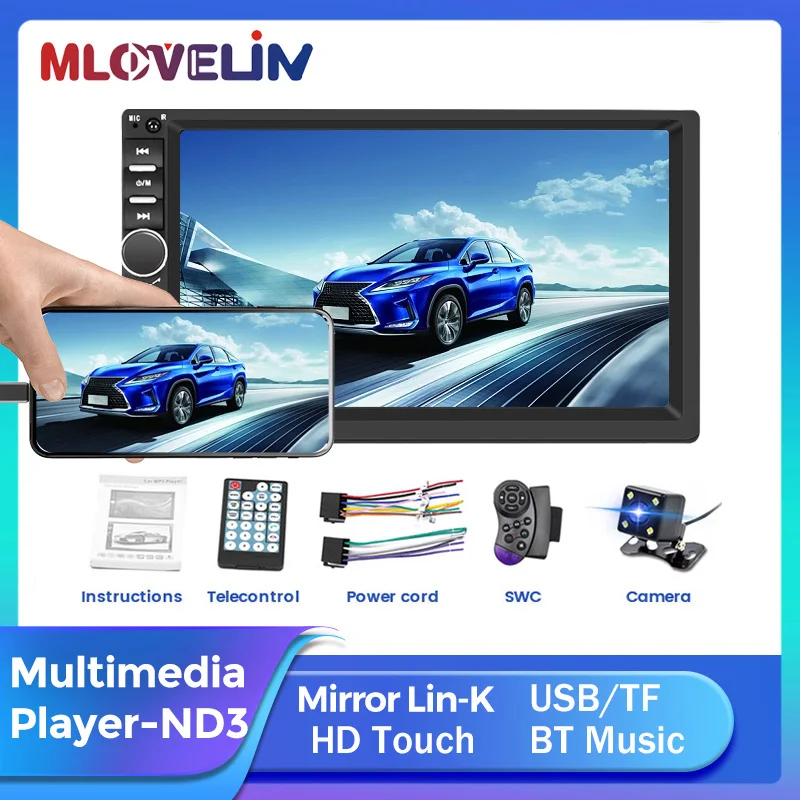 범용 차량용 멀티미디어 올인원 스테레오 라디오 플레이어, FM 라디오, USB, TF, BT, SWC, 지지대 미러 Lin-K HD 화면, 2Din, 7 인치, 최신 