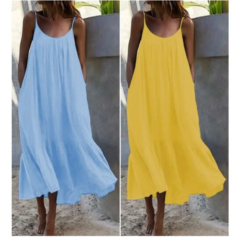 

2024Sexy Spaghetti Strap White Beach Boho Woman Dress Summer Loose Casual Maxi Dresses For Women Robe Femme