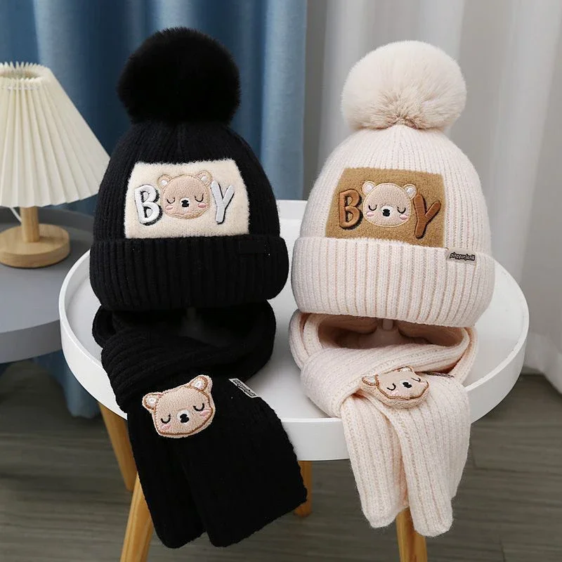 2Pcs/Set Baby Hat Scarf Cute Pompom Winter Woolen Knitted Warm Beanie Kids Boys Girls Cartoon Bear Crochet Cap Scarves 3