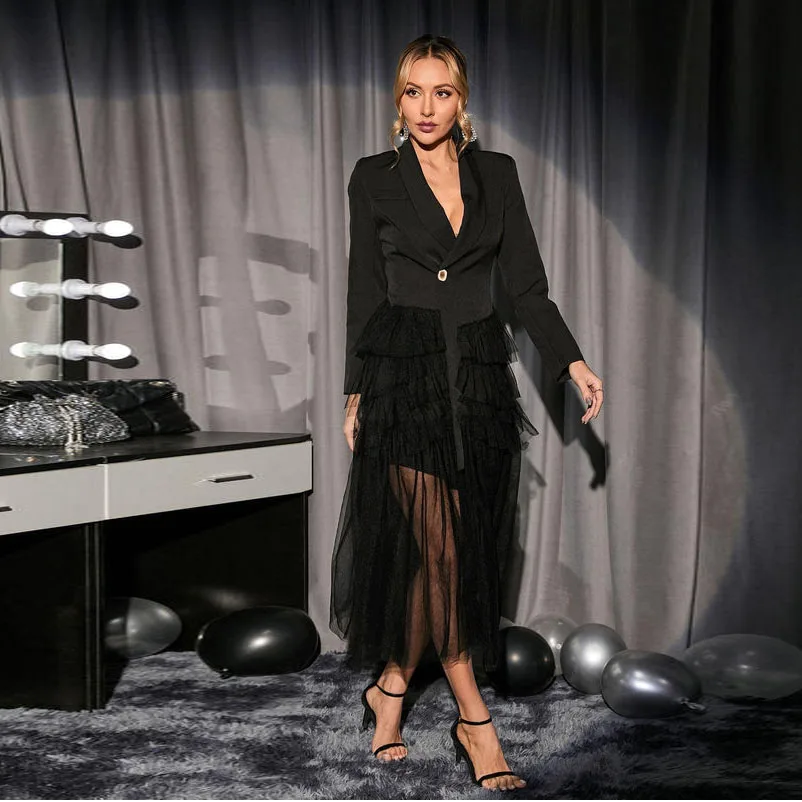 

High Quality Black Women Blazer With Tulle Side Ruffles Ankle Length Female Maxi Dresses Elegant Female Blazer