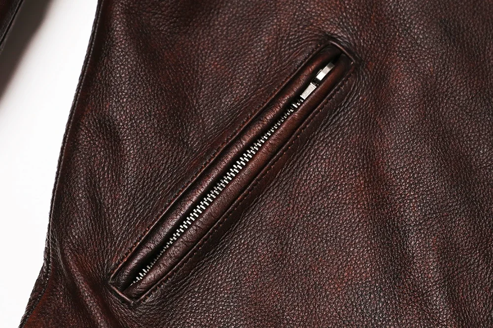 Genuine Leather Motorcycle Jacket - Vintage Brown Cowhide Biker Coat for Men