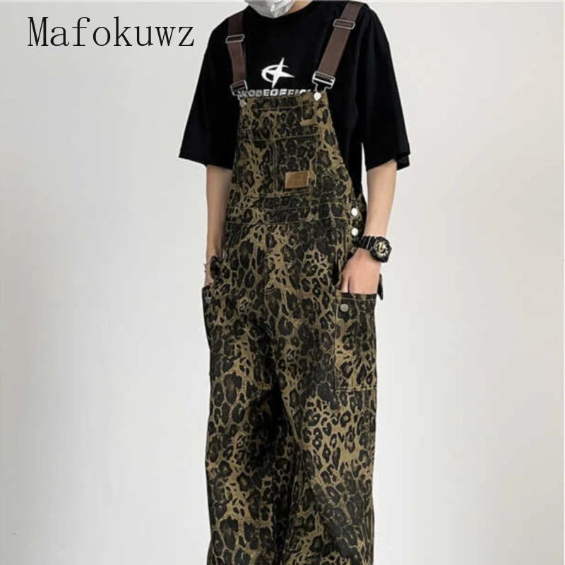 Spring Autumn Leopard Printed Overalls Fashion Couple Hip Hop Loose Casual Wide Leg Straight Floor-Mopping Pants Male Clothes
