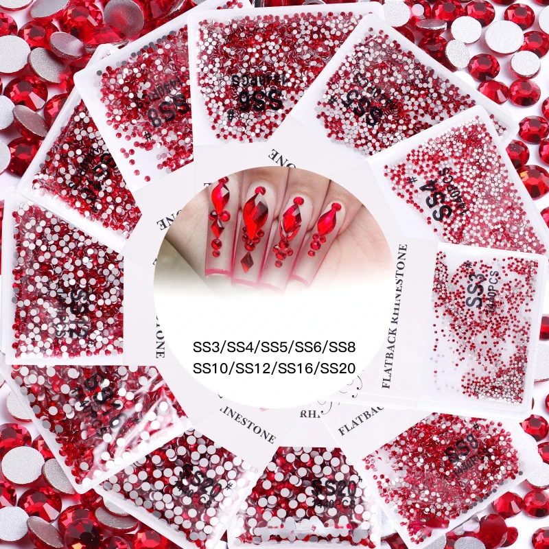 

1440Pcs Nai Accessories Red Nail Rhinestones Flat Bottom Glass Round Diamond SS4 SS6 SS8 SS10 SS12 SS16 Light Siam Crystals