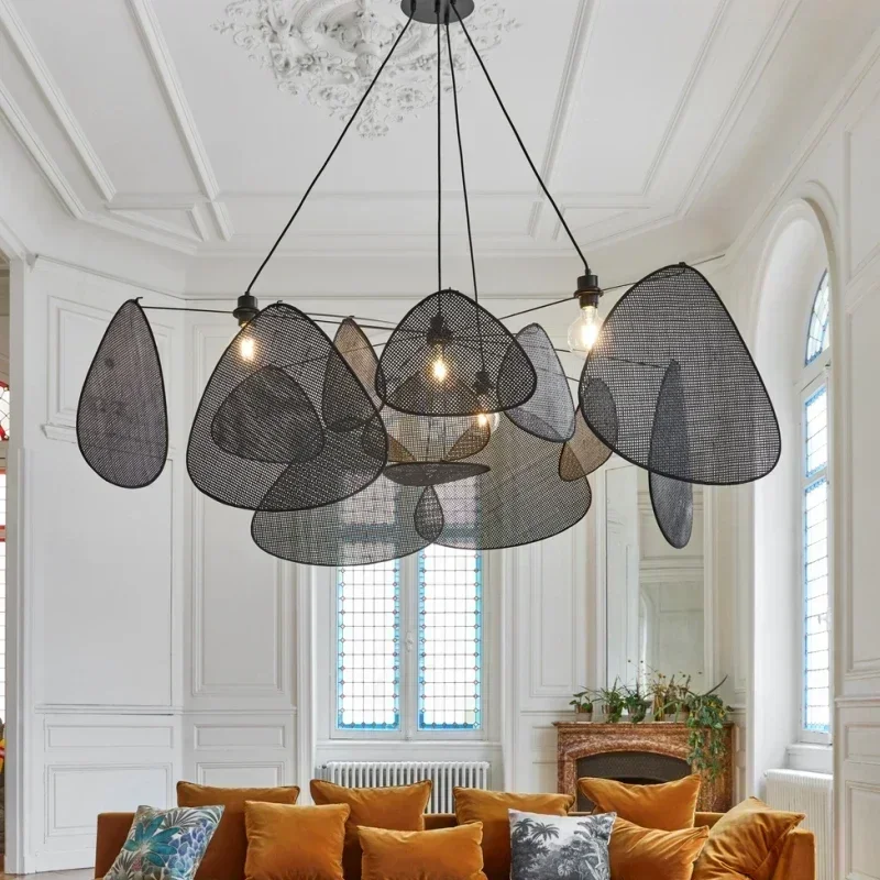 French Designer Black Canework Screens Chandelier Indoor House Rattan Suspension Lighting Decor for Living Dining Room LED Lamp