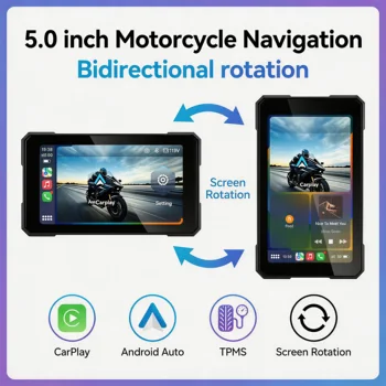 Display Smart da 5 Pollici per Moto, CarPlay per Moto, Android Auto Wireless, TPMS, Navigazione, Assistente Vocale, Supporto a Sgancio Rapido