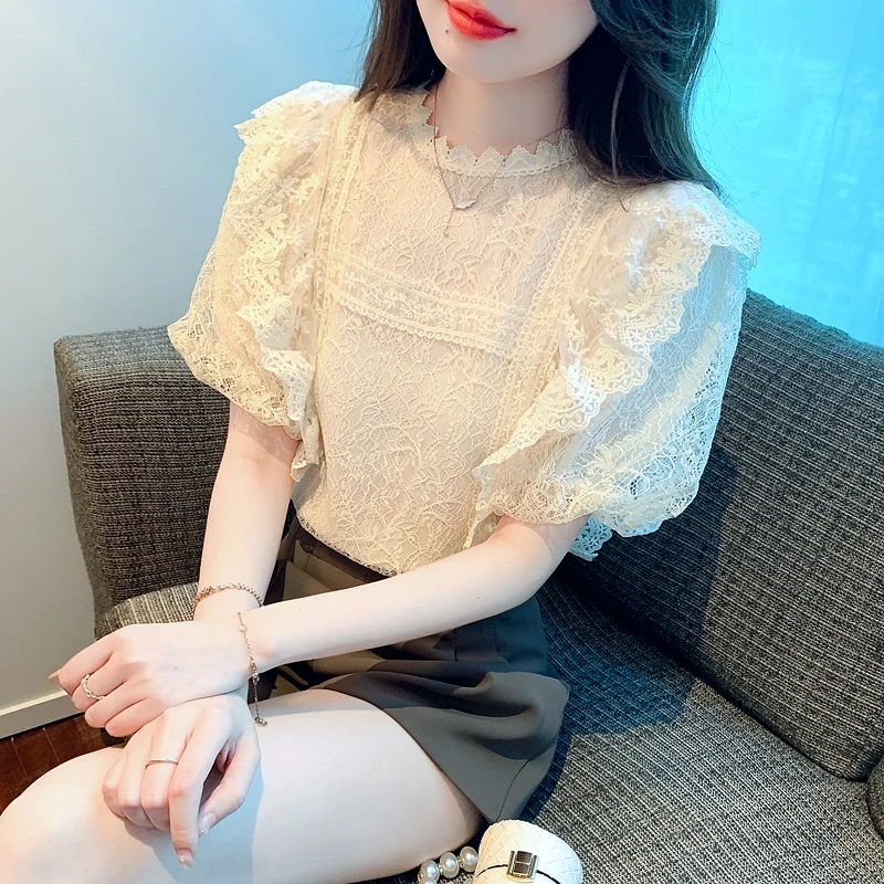 

Casual Retro Puff Sleeve Blusa Korean Fashion Blouse Women Lace Short Sleeve Shirt Chic Top