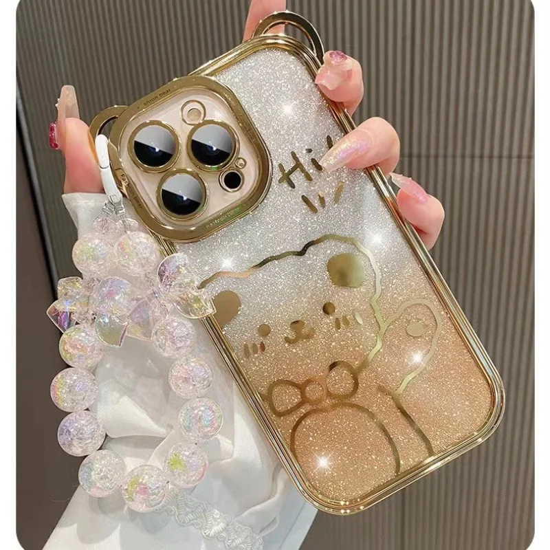 Sparkling Little Bear Bead Pendant Phone Case with Anti-Drop Chain Protection