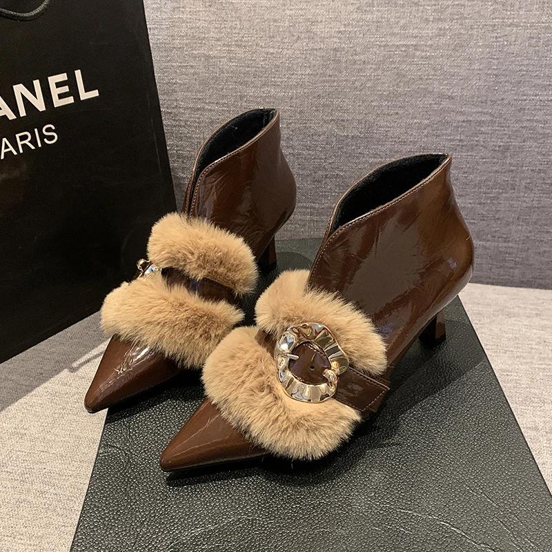 Aphixta Furry Metal Buckle Woman Ankle BootsThin Heels Zipper Short Plush Warm Woman Autumn Winter Shoes High Heels Modern Boots
