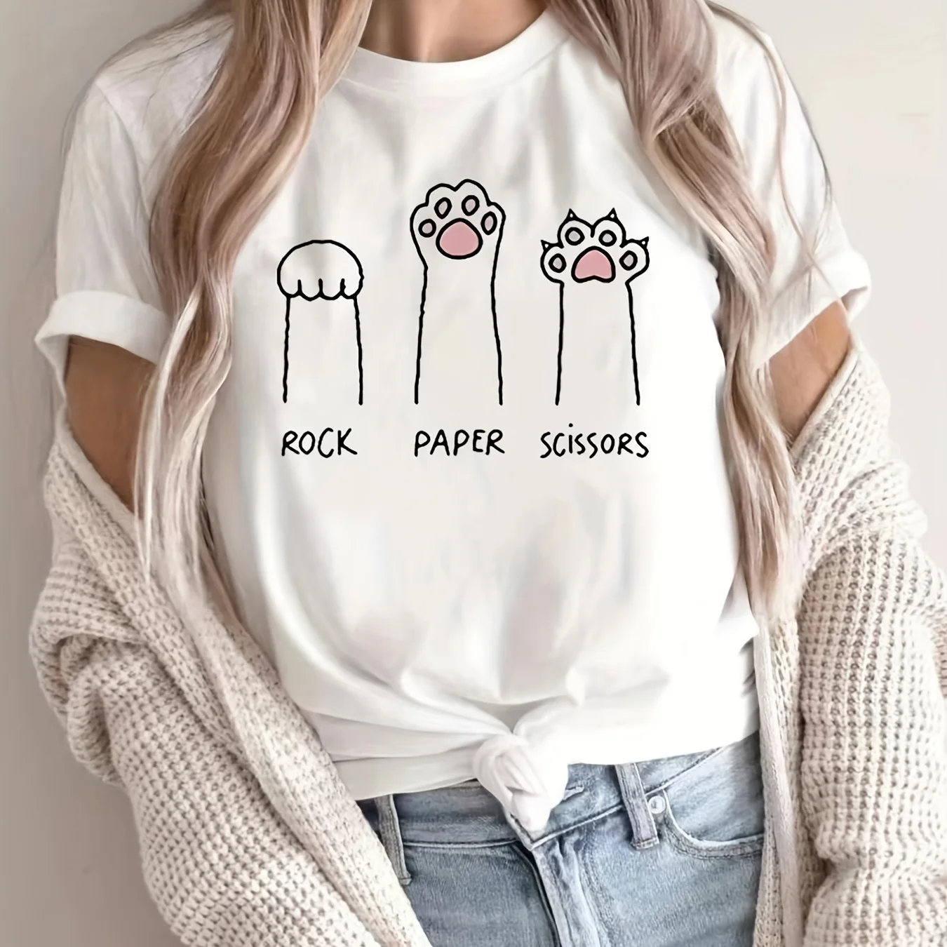 

Женская футболка с круглым вырезом и принтом кошачьих лап, повседневный топ с коротким рукавом, одежда для весны и лета