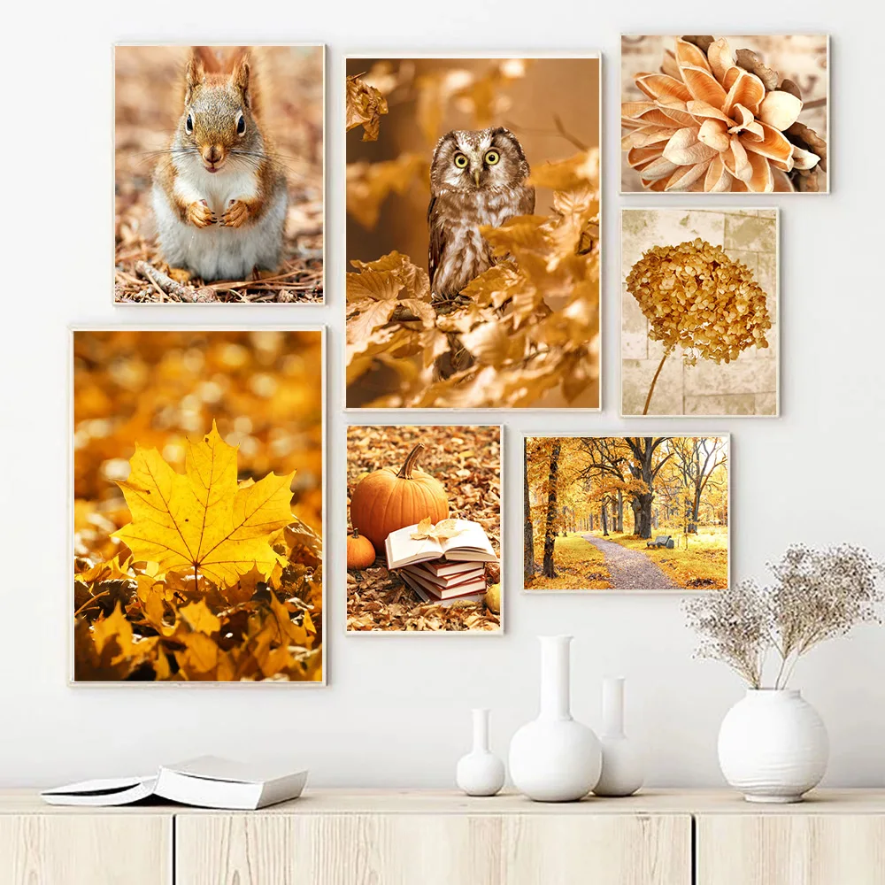 

Autumn Forest Pumpkin Maple Leaves Landscape Art Canvas Painting Squirrel Poster and Painting Wall Pictures Living Room Decor