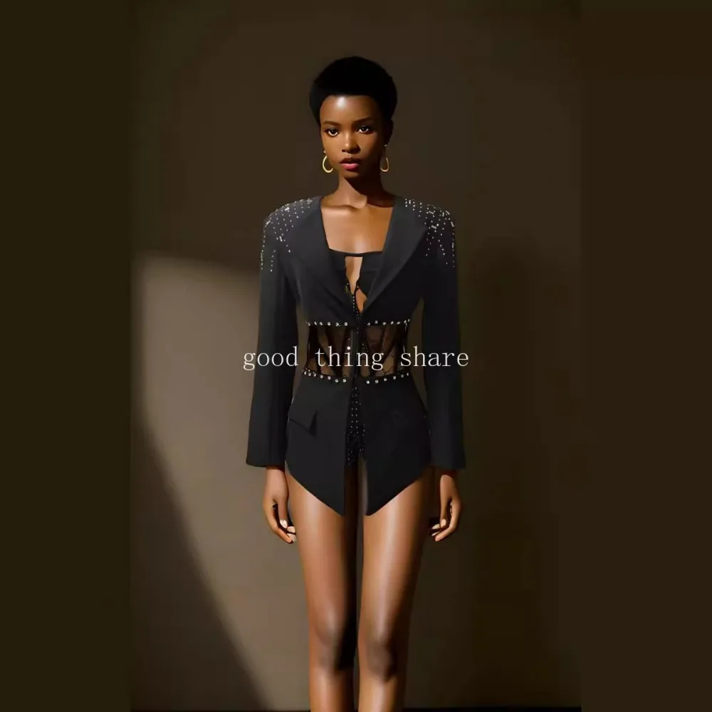 

One-Piece Shorts Suit Sexy Cutout Waist-Tight Slimming Inner Rhinestone Long Sleeve Suit Two-Piece Set