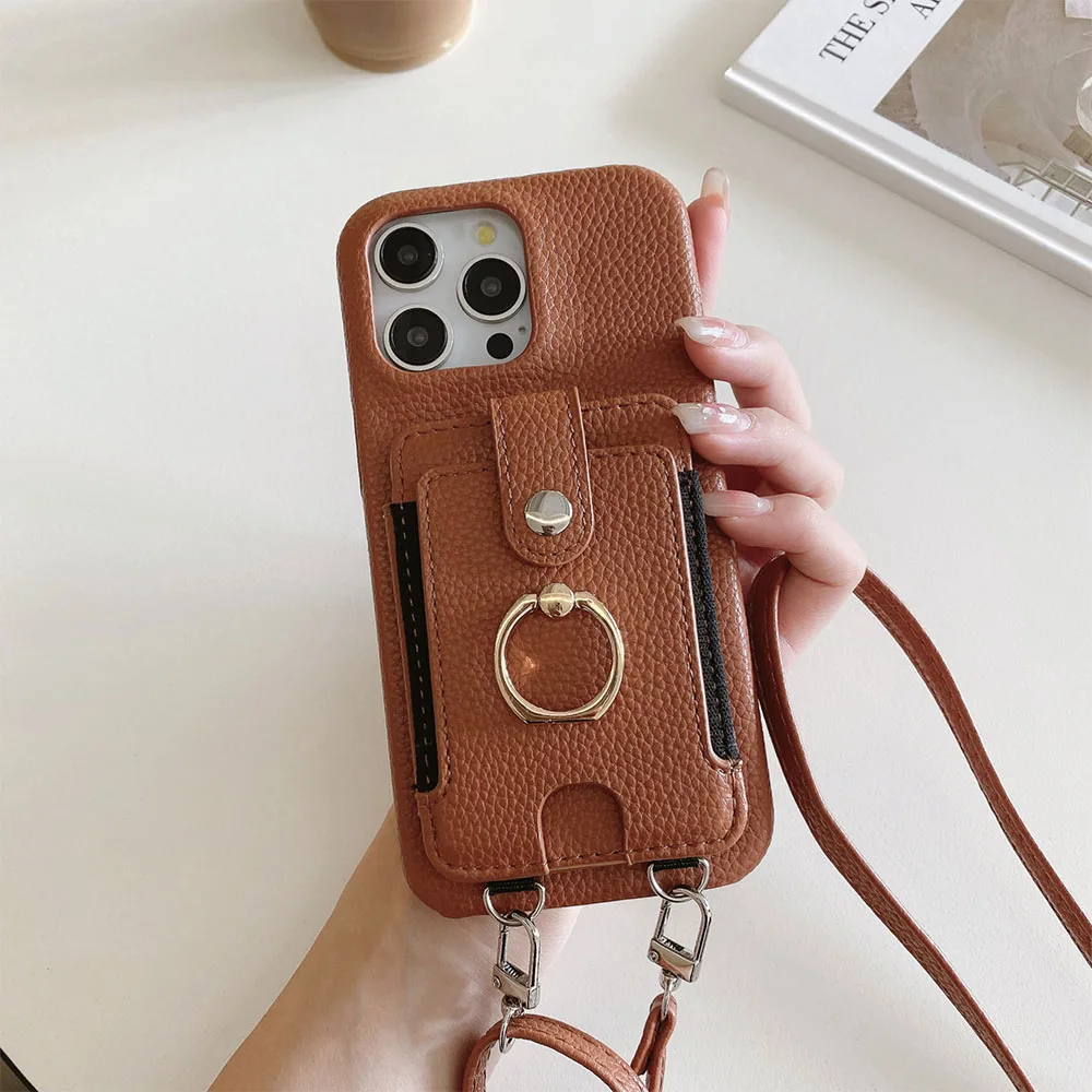 Luxurious Leather Crossbody Phone Case with Ring Wallet and Card Holder