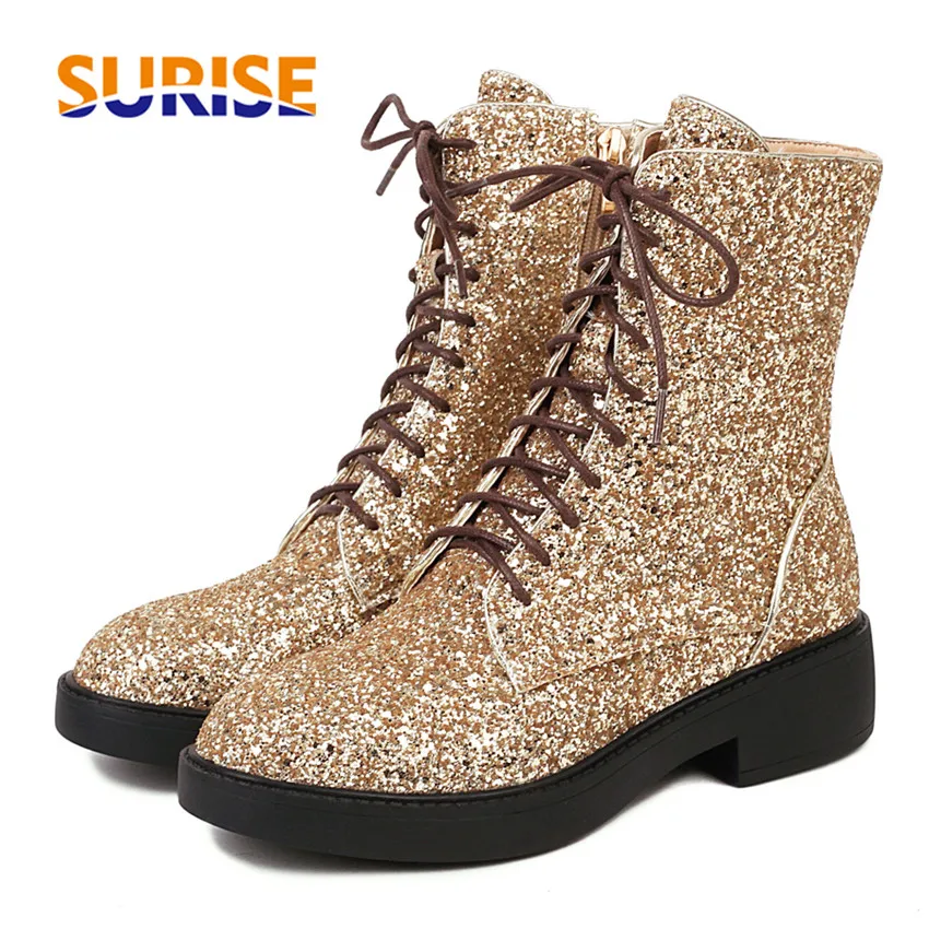 

Winter Women Platform Ankle Boots Gold Red Sequined Cloth Round Toe Mid Thick Heels Bling Casual Dress Lady Zipper Short Boots