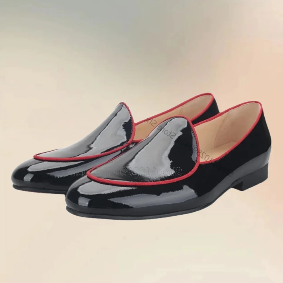

Black Patent Leather with Red Trim Loafers Fashionable Slip On Men Shoes Luxurious Handmade Party Banquet Office Men Dress Shoes