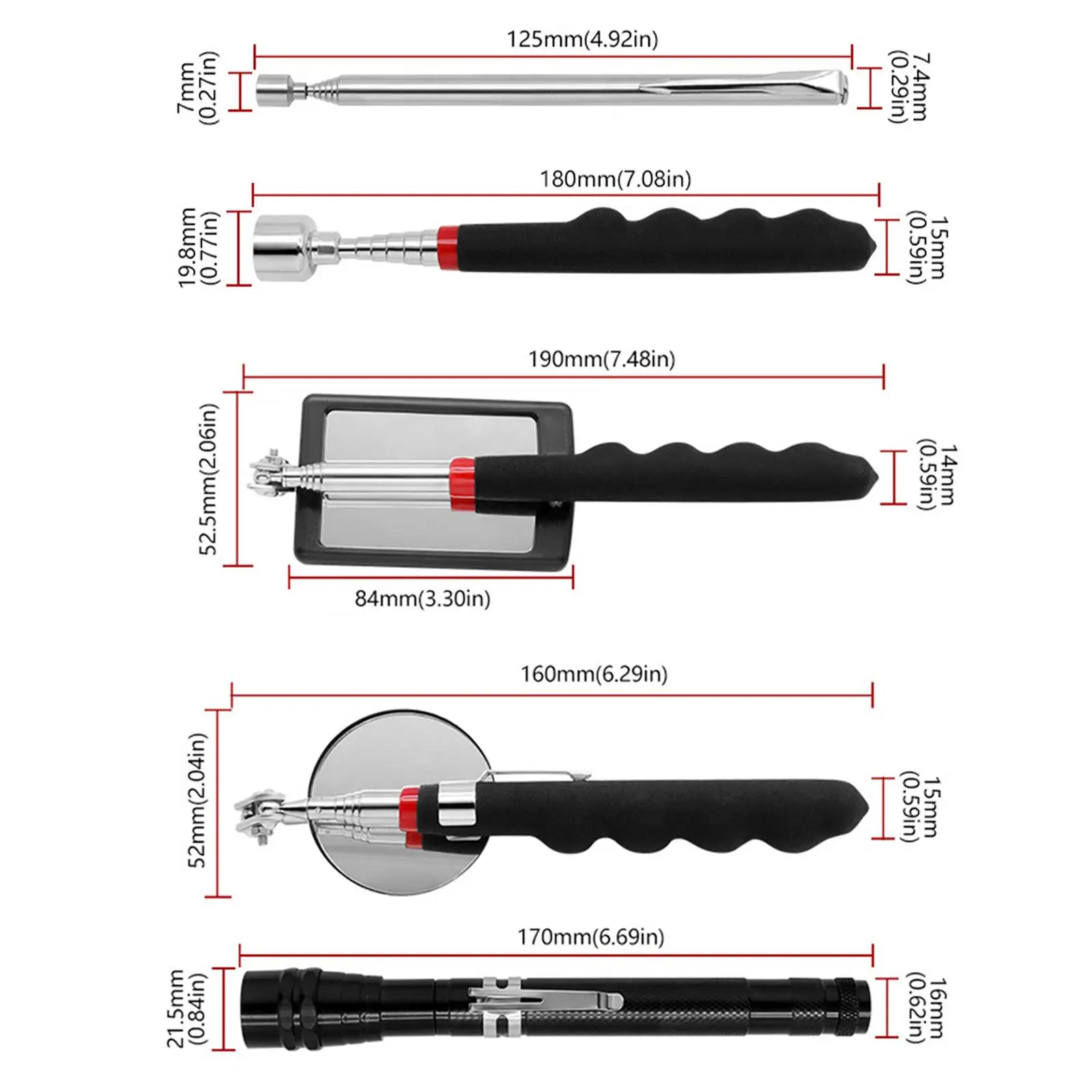 5 Pieces Telescoping Magnetic Pick up Tool Kit LED for Work Benches Father