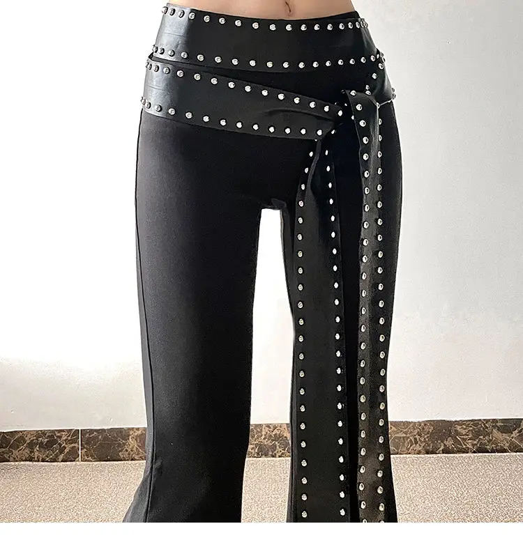 Flared Pants High Quality Rivets Black Fashion Personalized High Street All-Match Cool Women ChainTrousers 2024 Summer New