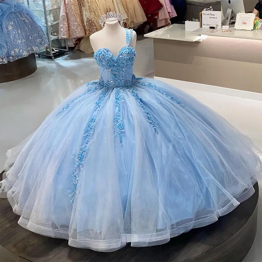 

Xijun Blue Ball Gown Quinceanera Dresses 15 Party Formal 3D Flowers Lace Applique Beading Princess Cinderella Birthday Gowns